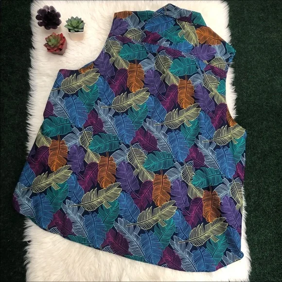 Lands End Deep Sea Navy Palm No Iron Top - Picture 5 of 12